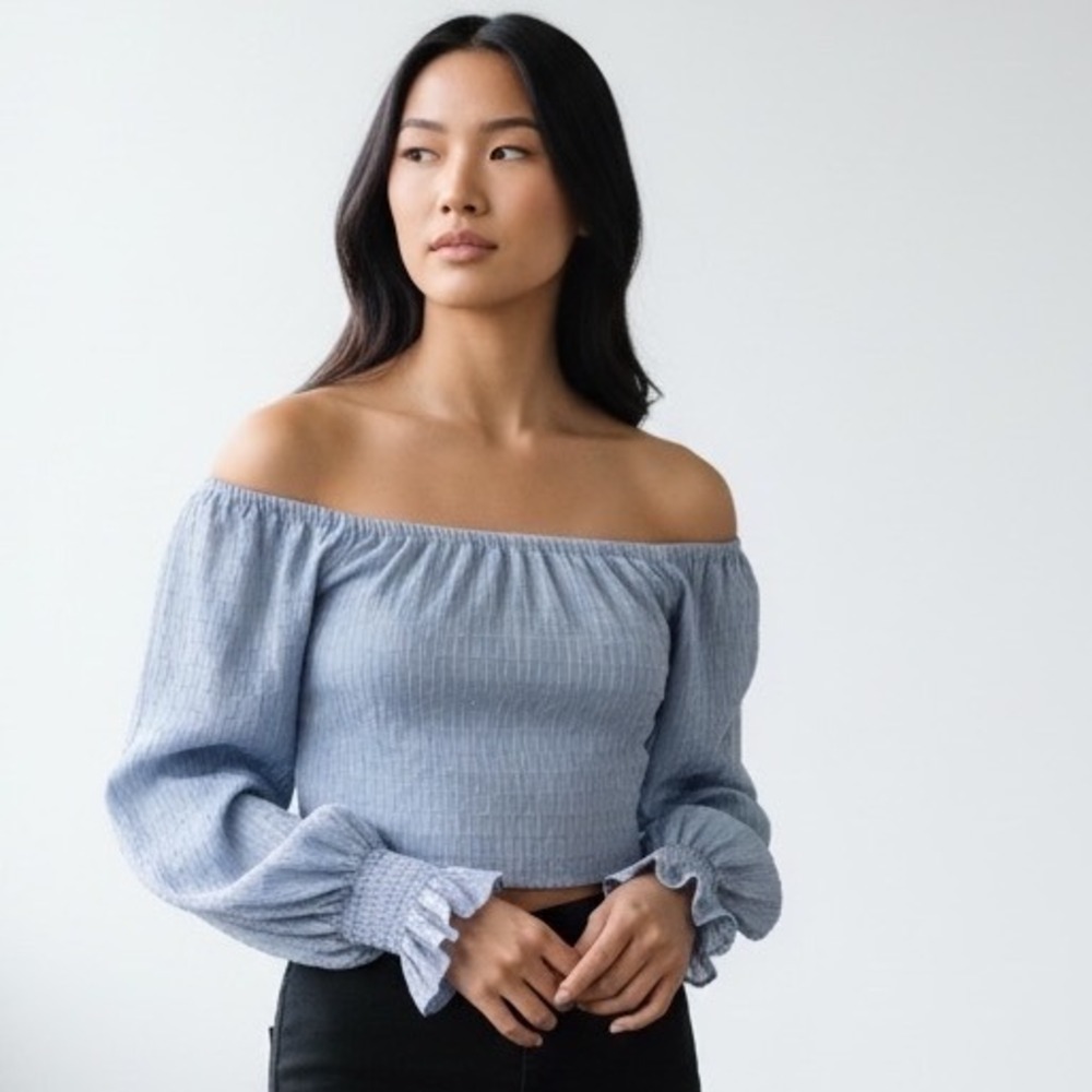 Urban Outfitters Blue Ribbed Swiss Dot Sleeve Off Shoulder Crop Top XL EUC